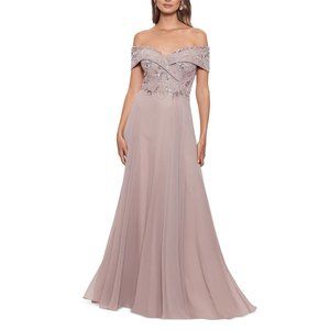 Xscape Womens Beaded Off-The-Shoulder Formal Evening Maxi Dress Gown Petites 4P